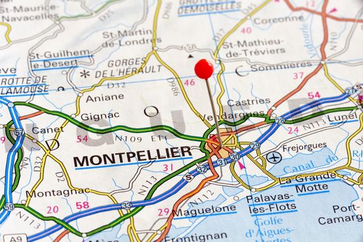 Closeup map of Montpelliers. Montpelliers a city in France. Picture is from "KAK BILATLAS Europa" 5th edition, ISBN 9147801166, created 2012-02-22.