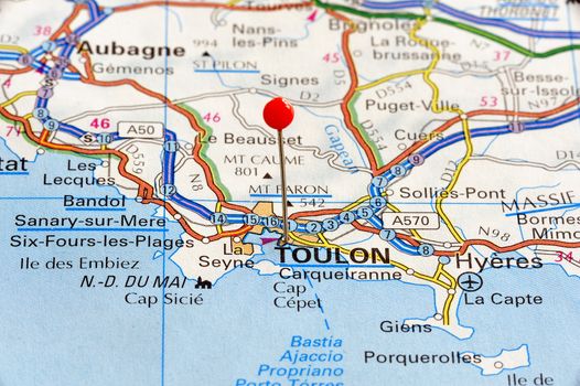 Closeup map of Toulon. Toulon a city in France. Picture is from "KAK BILATLAS Europa" 5th edition, ISBN 9147801166, created 2012-02-22.