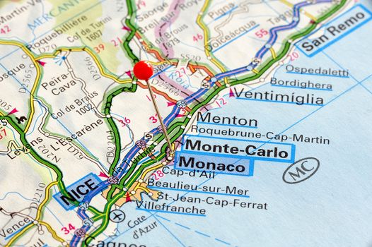 Monaco, Monte-Carlo and Nice on a map