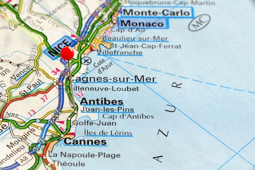 Closeup map of Antibes. Antibes a city in France. Picture is from "KAK BILATLAS Europa" 5th edition, ISBN 9147801166, created 2012-02-22.