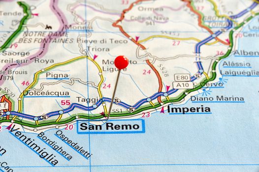 Closeup map of San Remo. San Remo a city in Italy. Picture is from "KAK BILATLAS Europa" 5th edition, ISBN 9147801166, created 2012-02-22.