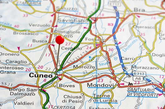 Closeup map of Cuneo. Cuneo a city in Italy. Picture is from "KAK BILATLAS Europa" 5th edition, ISBN 9147801166, created 2012-02-22.