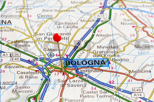 Closeup map of Bologna. Bologna a city in Italy. Picture is from "KAK BILATLAS Europa" 5th edition, ISBN 9147801166, created 2012-02-22.