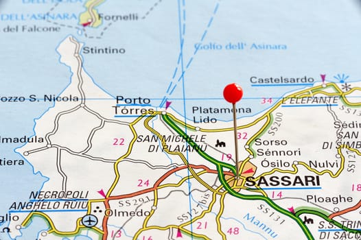 Closeup map of Sassari. Sassari is a city in Sardinia.