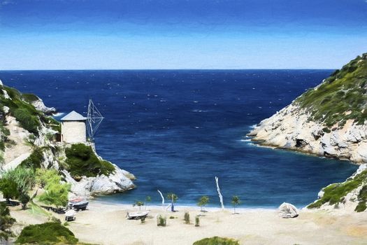 The beach of Lakes is a small rocky cove with some sand, found at north of the old town of Alonissos, known as Old Alonissos.