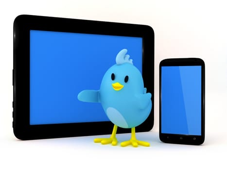 Cute little bird with smartphone and tablet on white background- 3D render