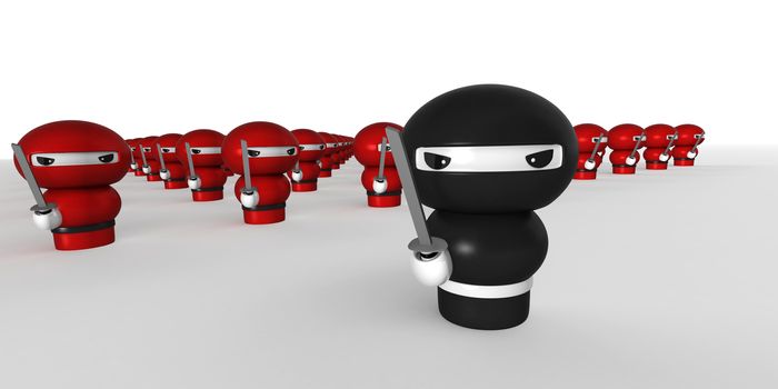 3D Japanese ninja army with katana ready to attack