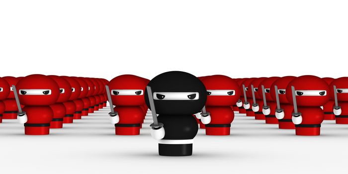 3D Japanese ninja army with katana ready to attack