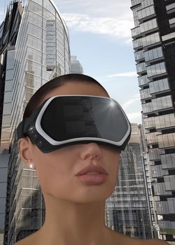 3D Illustration of a Woman wearing a Virtual reality head-mounted display (HMD).