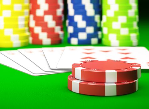 Gambling chips and poker cards on green carpet - 3D render