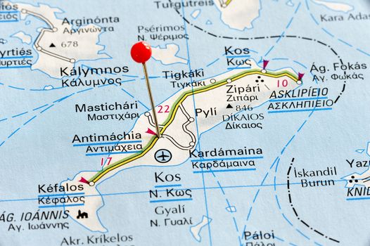 Closup map of Kos. Kos is a iceland in Greece.