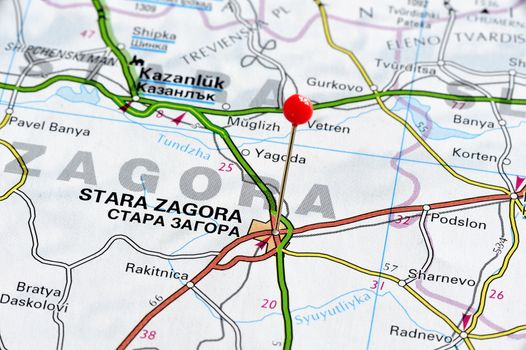 Closeup map of Stara Zagora, Stara Zagora a city in Bulagria.