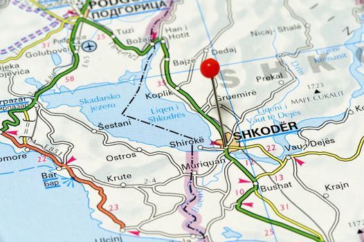 Closeup map of Shkoder, Shkoder is a city in Montenegro.