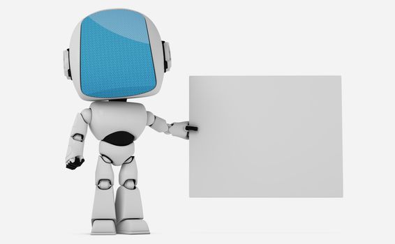 Robot with empty board on white background - 3D render