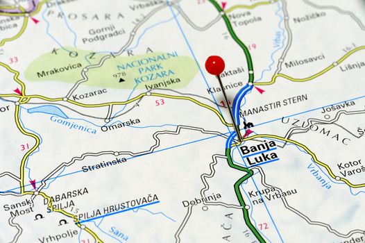 Banja Luka pinned on a map of europe