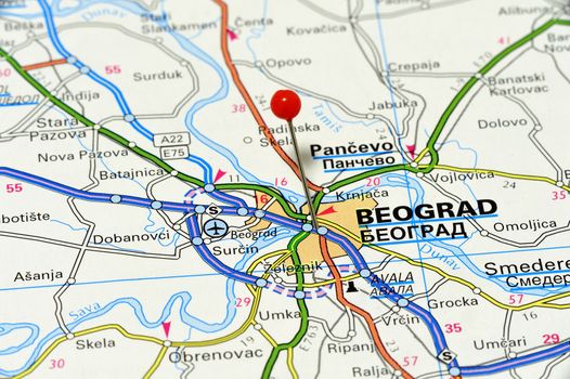 Map with pin point of beograd in serbia