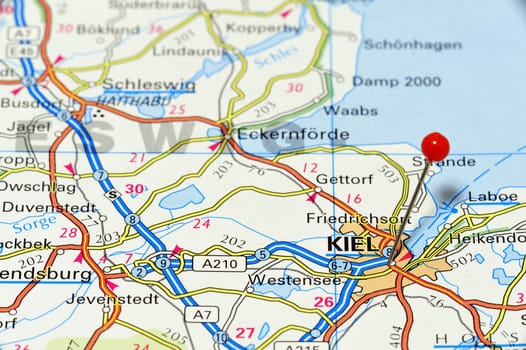 Closeup map of Kiel. Kiel is the capital of the north German state of Schleswig-Holstein in Germany.