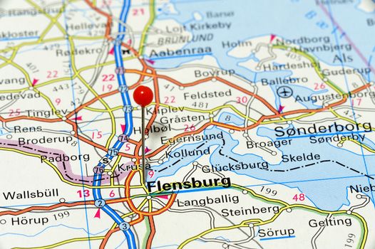 Closeup map of Flensburg. Flensburg is a city in Germany.