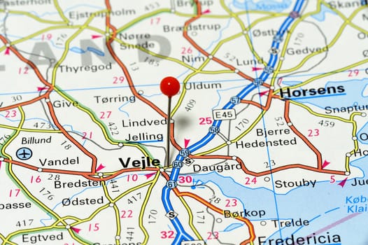 Closeup map of Vejle. Vejle a city in Denmark.