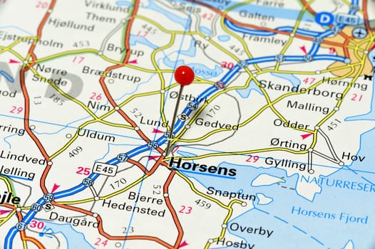 Closeup map of Horsens. Horsens is a city in Denmark, on the eastern Jutland