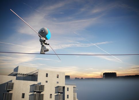 Robot keeping his balance on a rope over a big city.