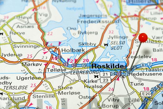 Closeup map of Roskilde. Roskilde is a city in Denmark.