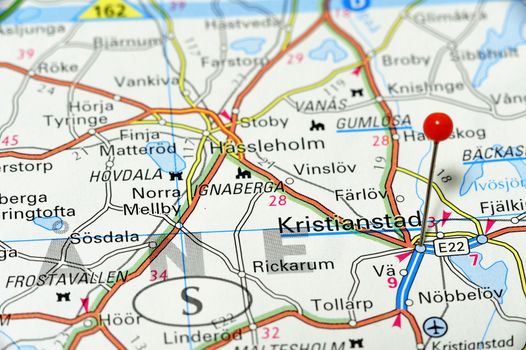 Closup map of Kristiandstad. Krsitiandstad a city in Sweden