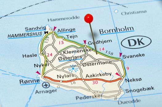 Closeup map of Bornholm. Bornholm a iceland in Denmark