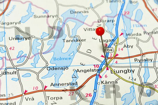 Closeup map of Ljungby. Ljungby a city in Sweden.