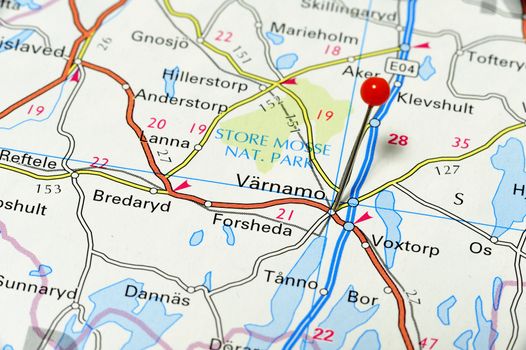 Closeup map of Värnamo. Värnamo a city in Sweden.