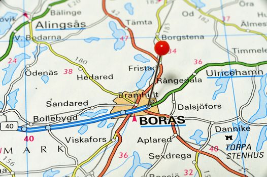 Closeup map of Borås. Borås a city in Sweden.