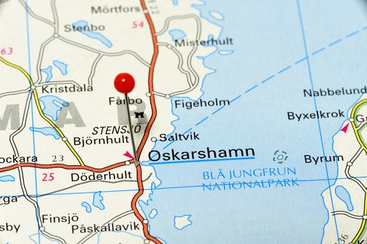 Closeup map of Oskarshamn. Oskarshamn a city in Sweden.