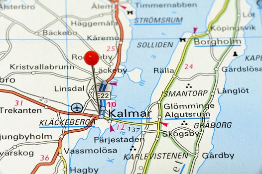 Closeup map of Kalmar. Kalmar a city in Sweden.