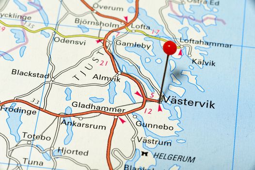 Closeup map of Västervik. Västervik a city in Sweden.