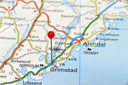 Closup map of Grimstad. Grimstad a city in Norway.