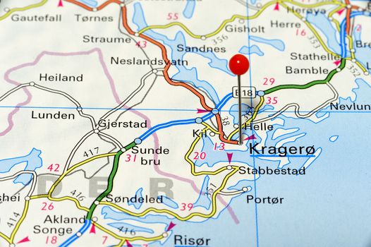 Closeup map of Kragero. Kragero a city in Norway.