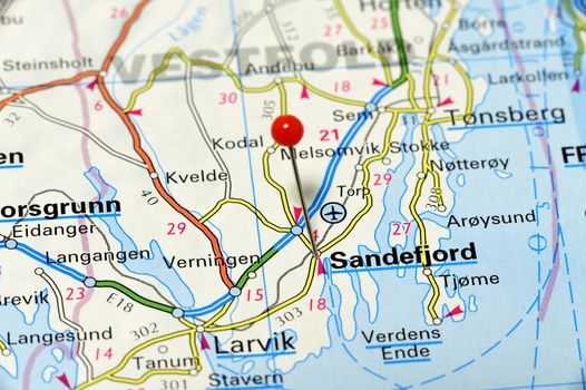 Closeup map of Sandefjord. Sandefjord a city in Norway.