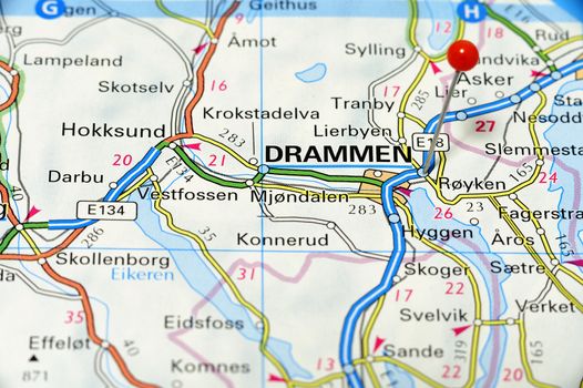 Closeup map of Drammen. Drammen a city in Norway.