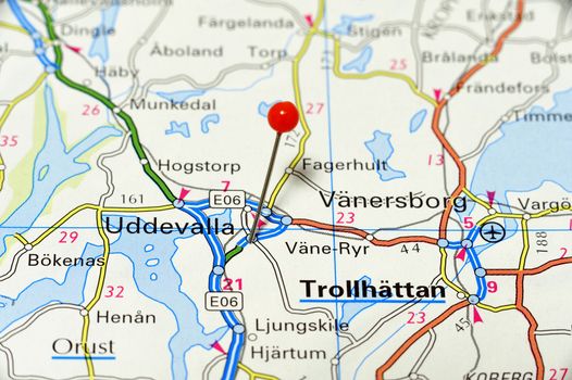 Closeup map of Uddevalla. Uddevalla a city in Sweden.