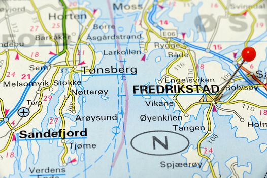 Closeup map of Fredrikstad. Fredrikstad a city in Norway.