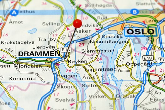 Closeup map of Drammen. Drammen a city in Norway.