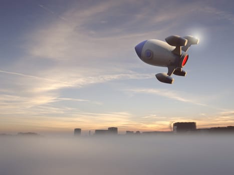 Rocket flying over the city