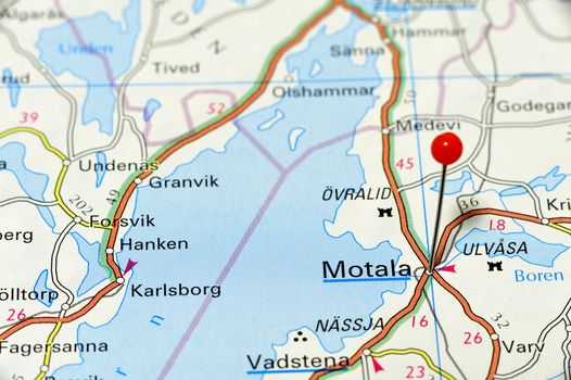 Closeup map of Motala. Motala a city in Sweden.