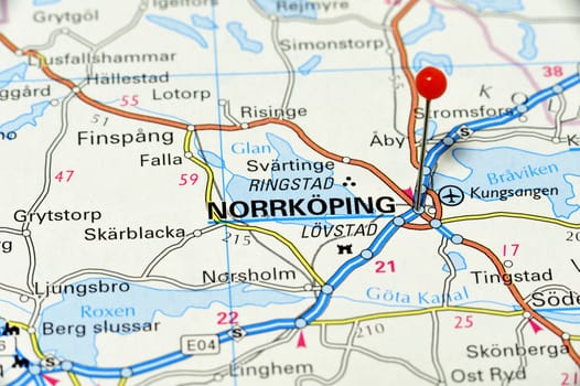 Closeup map of Norrköping. Norrköping a city in Sweden.