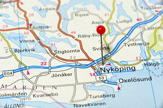 Closeup map of Nyköping. Nyköping a city in Sweden.