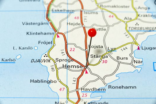 Closeup map of Hemse. Hemse a city on the Island Gotland.