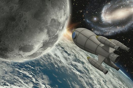 Illustration of rocket flying to the moon- 3D Render - Maps courtesy of Nasa at http://earthobservatory.nasa.gov/IOTD/view.php?id=885