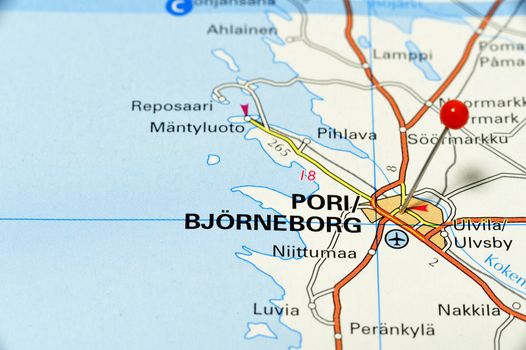 Closeup map of Pori. Pori (Björneborg) is a city in Finland.