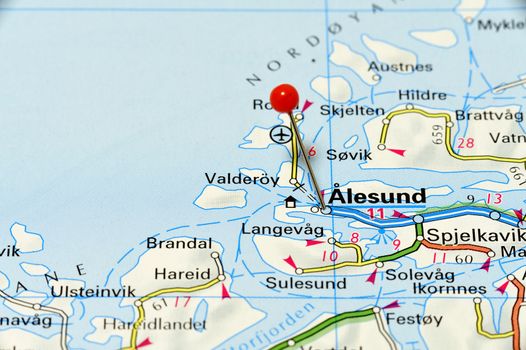 Closeup map of Ålesund. Ålesund a city in Norway.