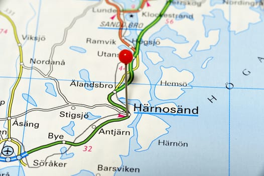 Closeup map of Härnösand. Härnösand a city in Sweden.